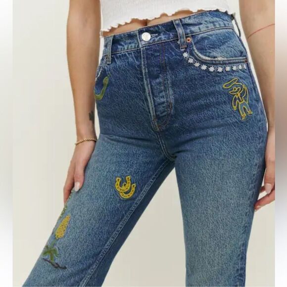 NEW Reformation Handicraft Embroidered High Rise Straight Jeans Juno Size 23 - Picture 5 of 14